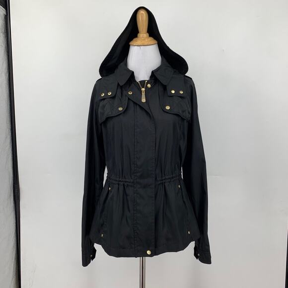 Vince Camuto Jacket Womens PP/PS Black Gold Quilt Trim Anorak Detach Hood - Picture 2 of 16